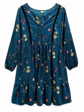 Boho Floral Tiered Plus Size Dress Teal Blue Long Sleeve Tassel Tie 2X